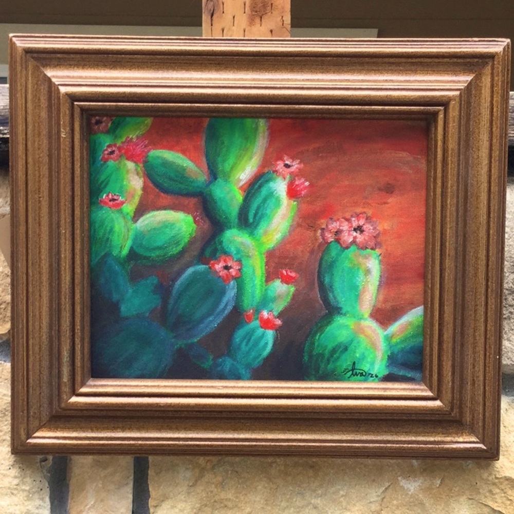 Artisan ORIGINAL Acrylic prickly pear flowering cactus painting🌺🌵